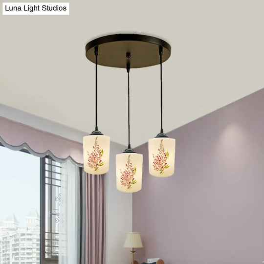 Black Multi Pendant Lamp - White Printing Glass 3-Light Dining Room Suspension Light With