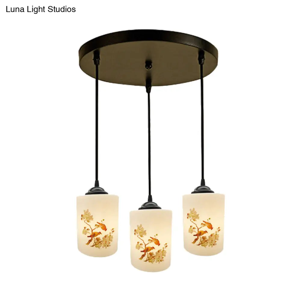 Black Multi Pendant Lamp - White Printing Glass 3-Light Dining Room Suspension Light With