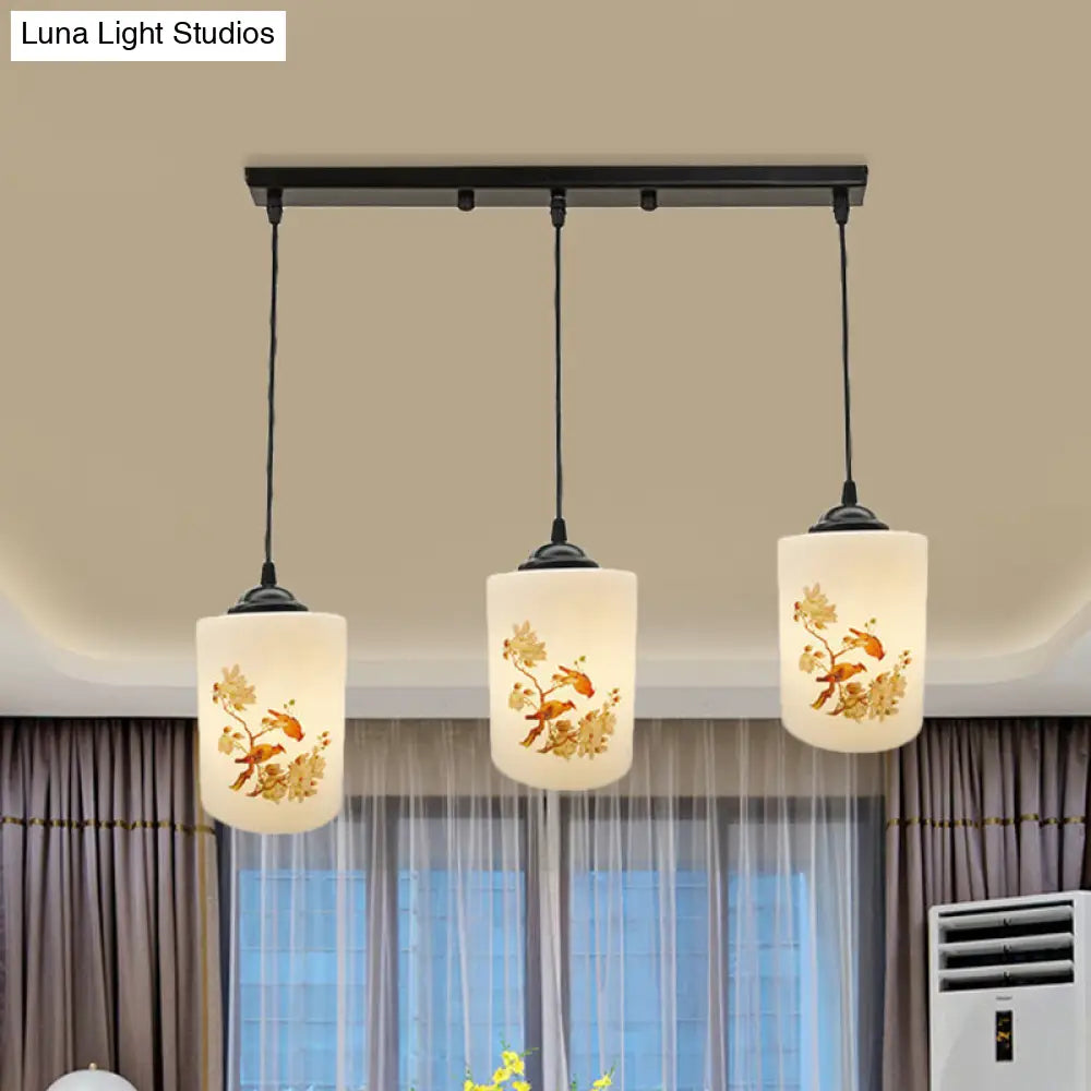 Black Multi Pendant Lamp - White Printing Glass 3-Light Dining Room Suspension Light With