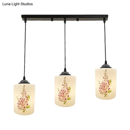 Black Multi Pendant Lamp - White Printing Glass 3-Light Dining Room Suspension Light With