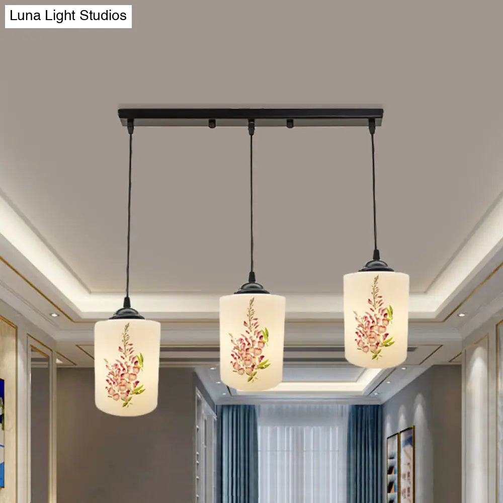 Black Multi Pendant Lamp - White Printing Glass 3-Light Dining Room Suspension Light With