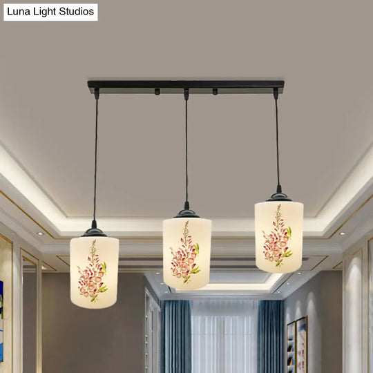 Black Multi Pendant Lamp - White Printing Glass 3-Light Dining Room Suspension Light With