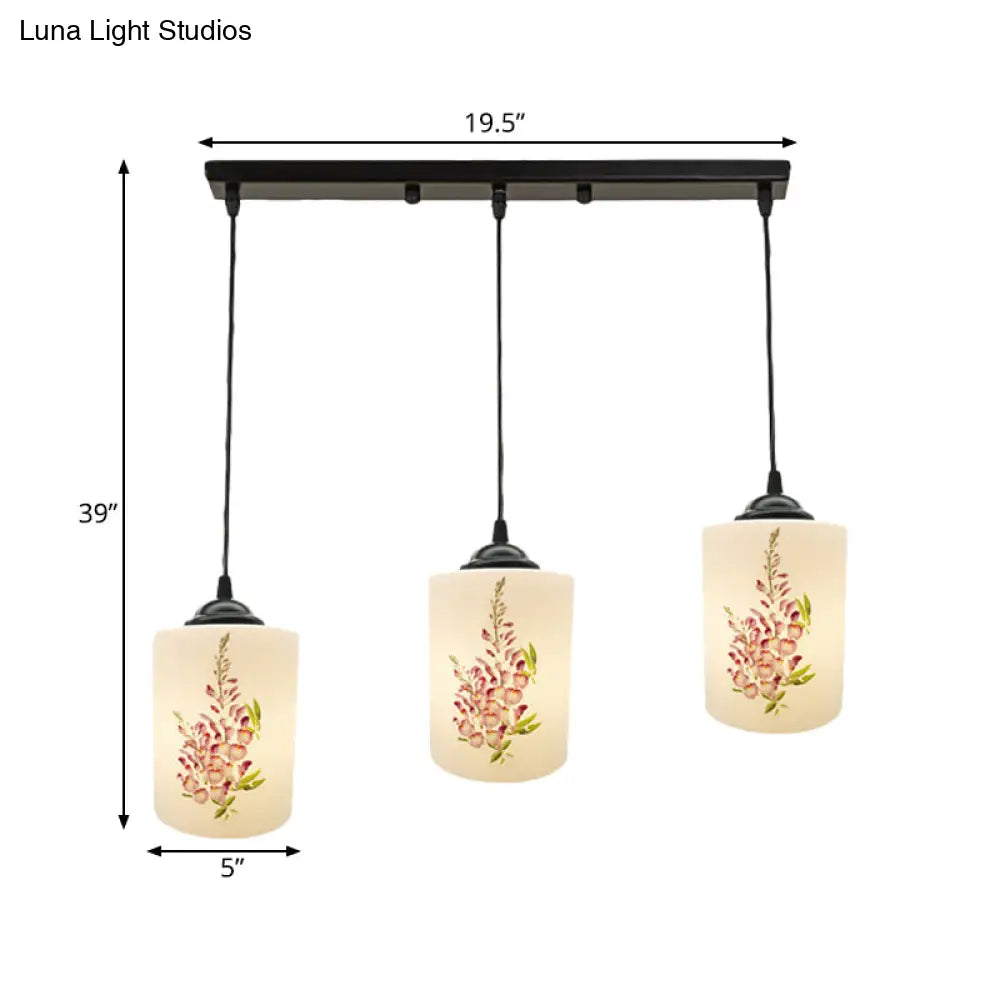 Black Multi Pendant Lamp - White Printing Glass 3-Light Dining Room Suspension Light With