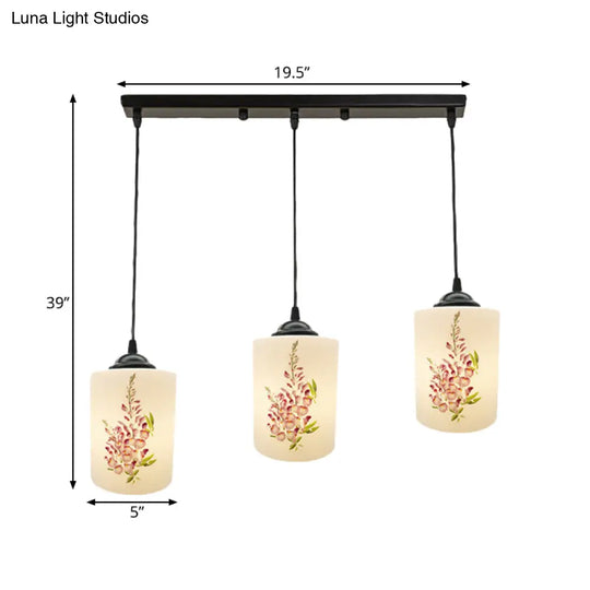 Black Multi Pendant Lamp - White Printing Glass 3-Light Dining Room Suspension Light With