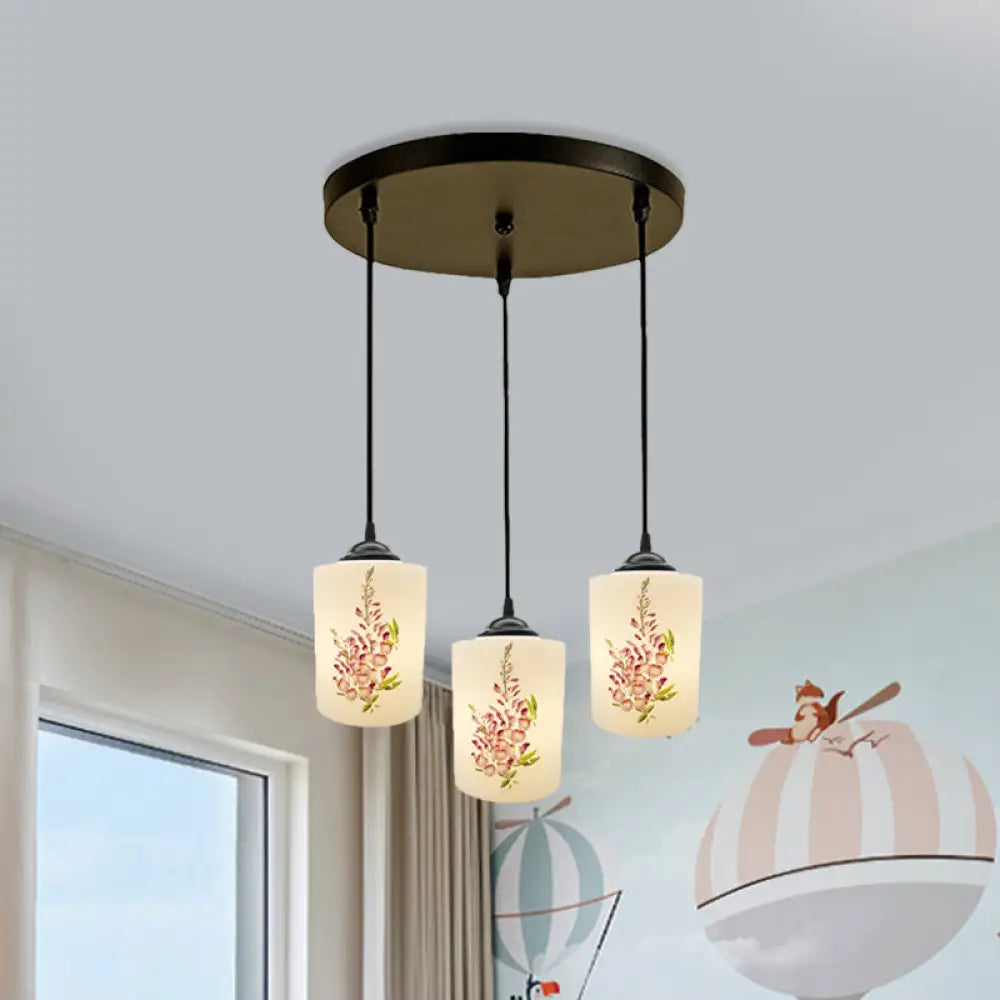 Black Multi Pendant Lamp - White Printing Glass 3-Light Dining Room Suspension Light With