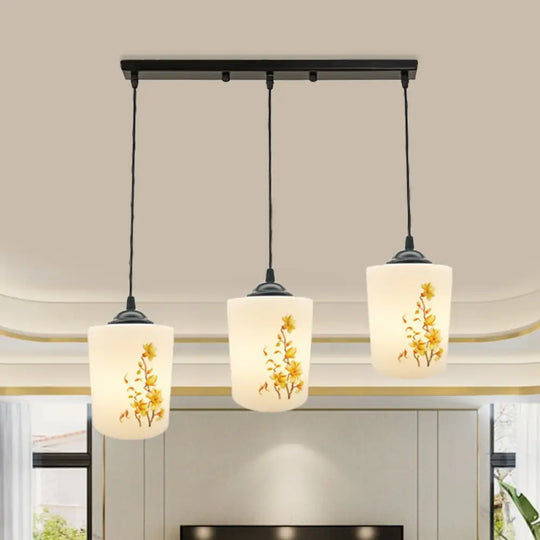 Black Multi Pendant Lamp - White Printing Glass 3-Light Dining Room Suspension Light With