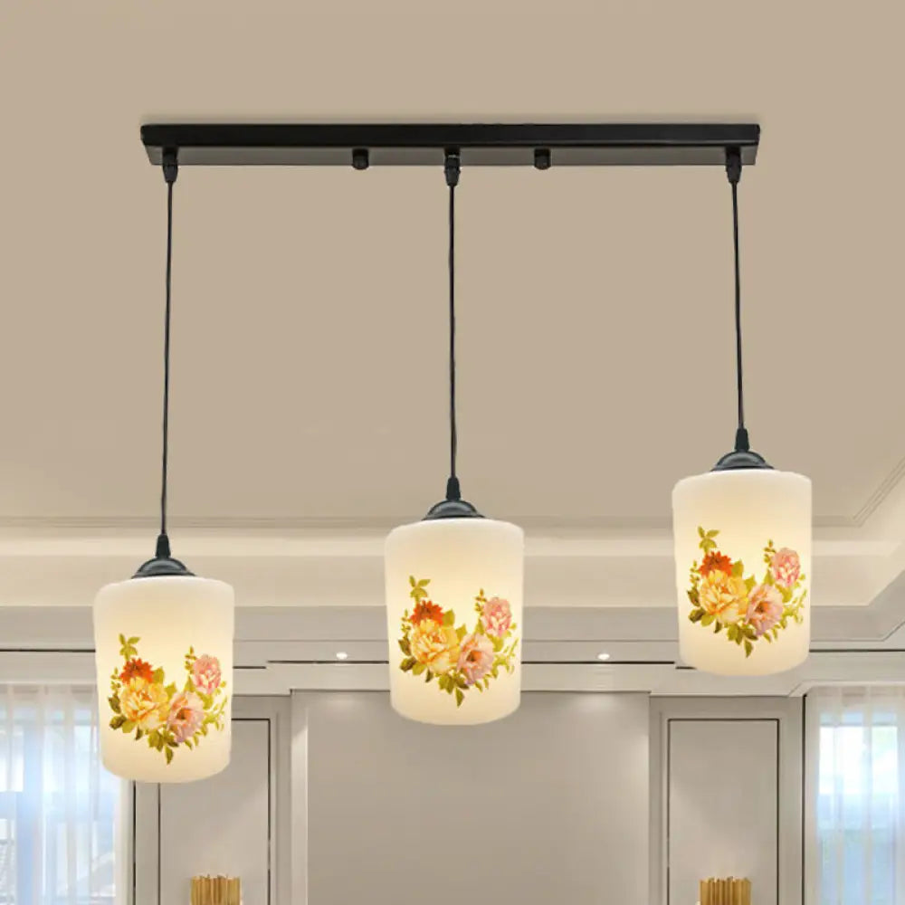 Black Multi Pendant Lamp - White Printing Glass 3-Light Dining Room Suspension Light With