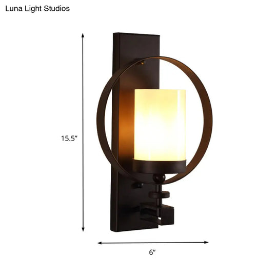 Black Opal Glass Wall Mounted Light Fixture - Industrial 1 Bulb Cylinder Lighting For Living Room