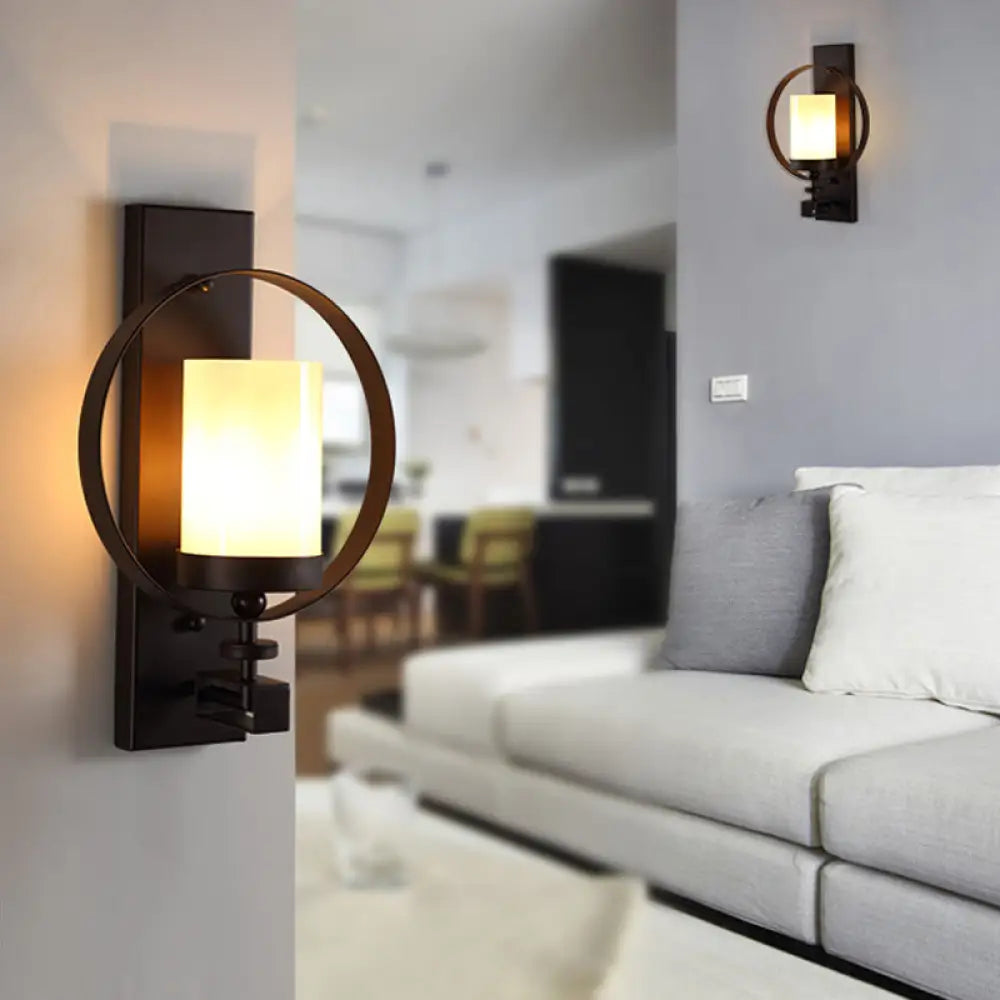 Black Opal Glass Wall Mounted Light Fixture - Industrial 1 Bulb Cylinder Lighting For Living Room