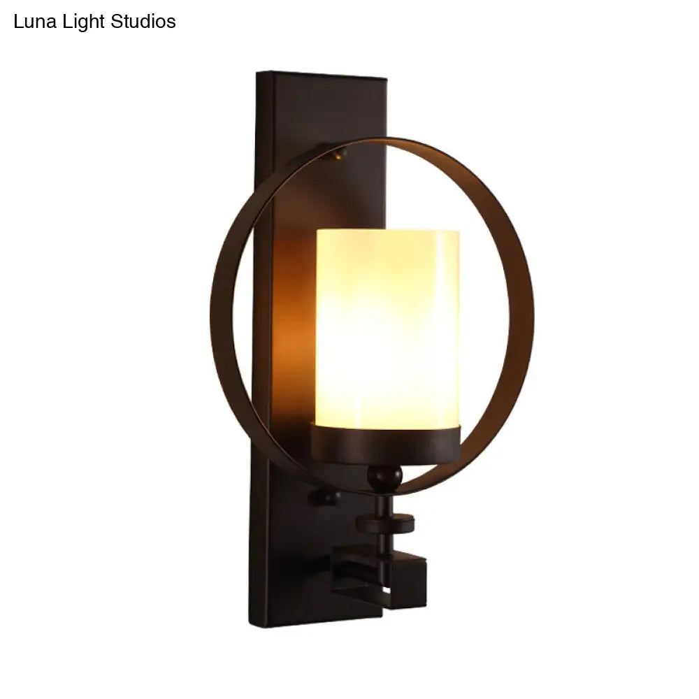 Black Opal Glass Wall Mounted Light Fixture - Industrial 1 Bulb Cylinder Lighting For Living Room