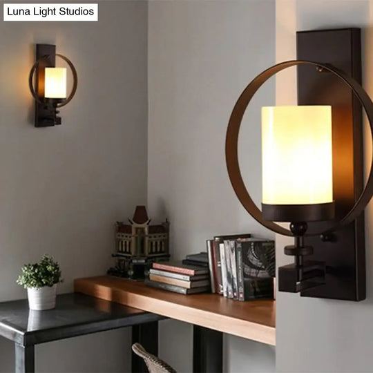 Black Opal Glass Wall Mounted Light Fixture - Industrial 1 Bulb Cylinder Lighting For Living Room