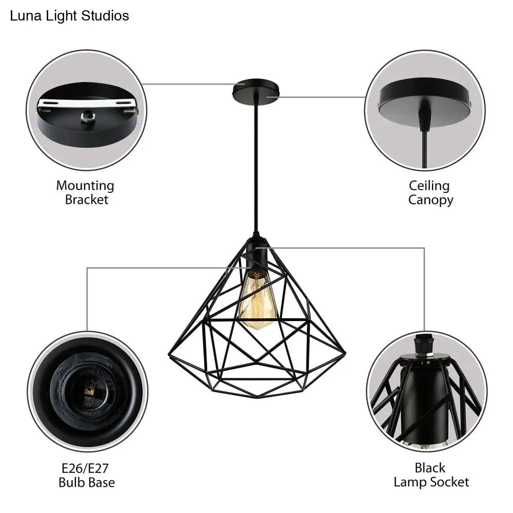 Retro 1-Head Metallic Ceiling Pendant Light For Dining Room - Open Cage Design In Black