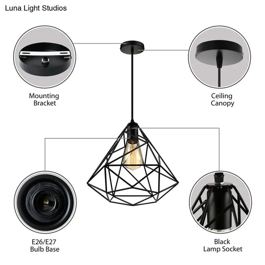 Retro 1-Head Metallic Ceiling Pendant Light For Dining Room - Open Cage Design In Black