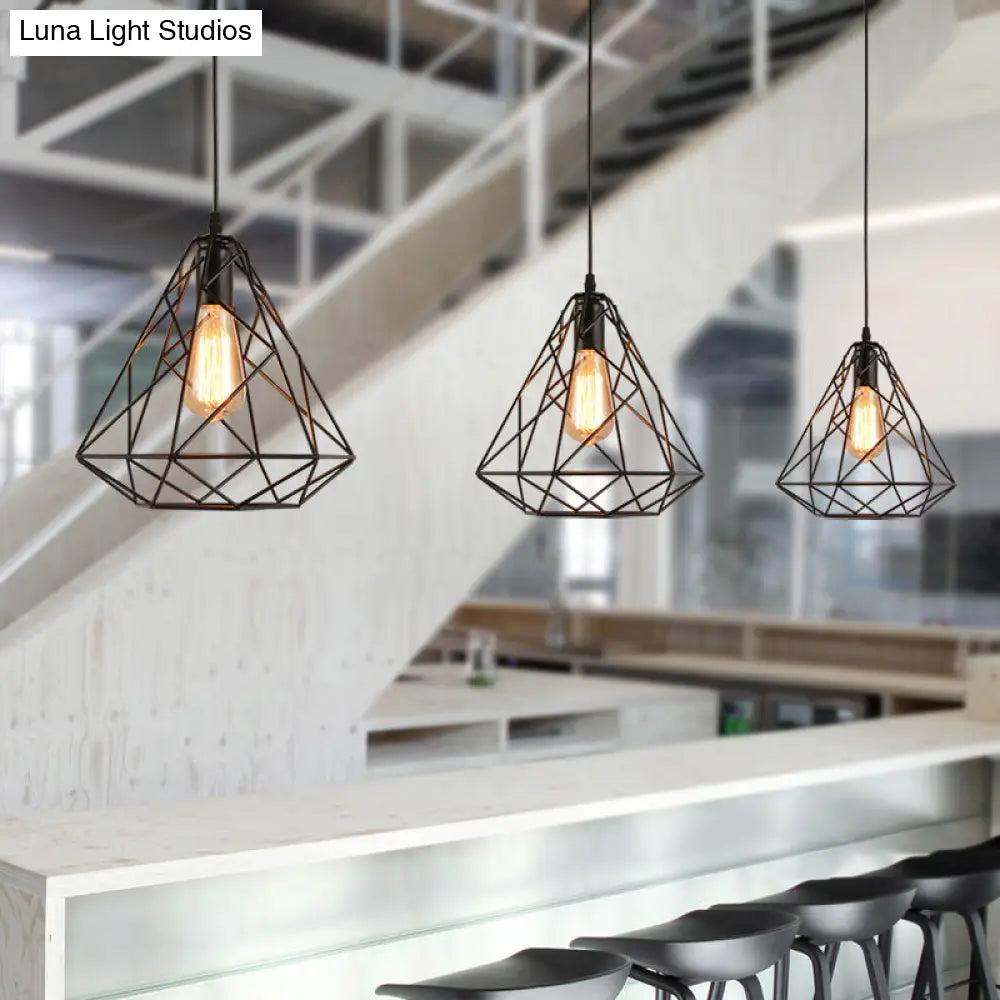 Retro 1-Head Metallic Ceiling Pendant Light For Dining Room - Open Cage Design In Black