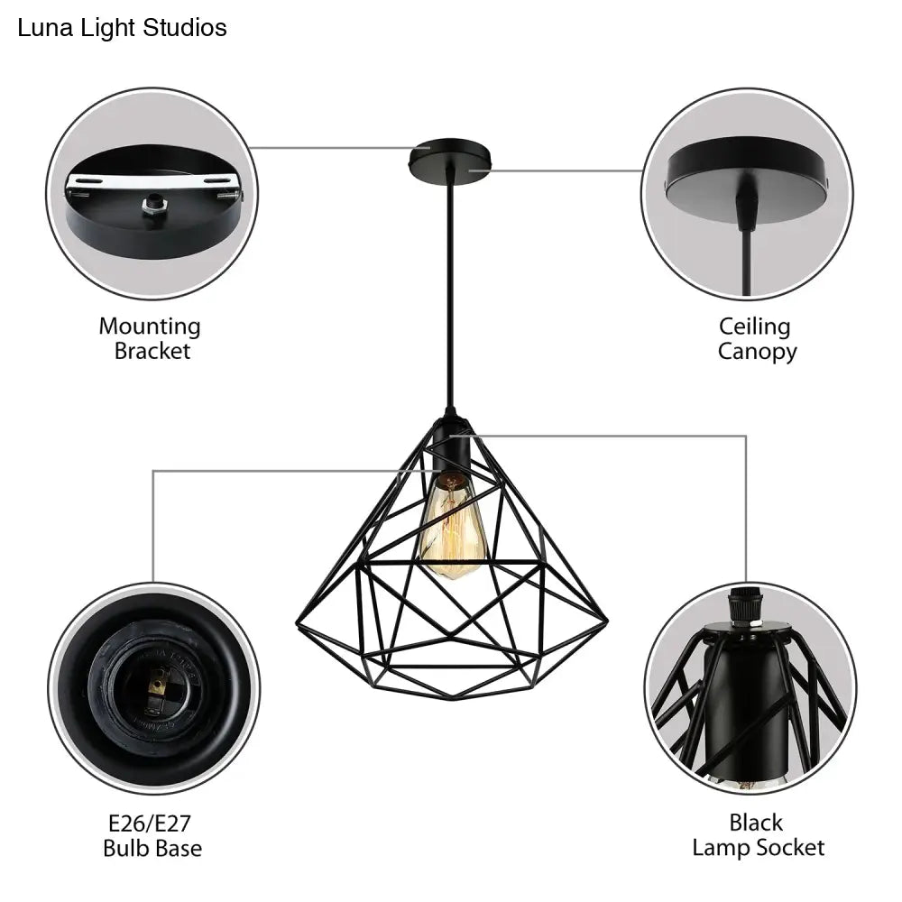 Black Open Cage Metallic Pendant Light For Retro Loft Dining Rooms