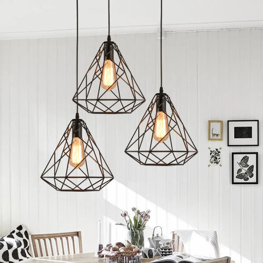 Black Open Cage Metallic Pendant Light For Retro Loft Dining Rooms