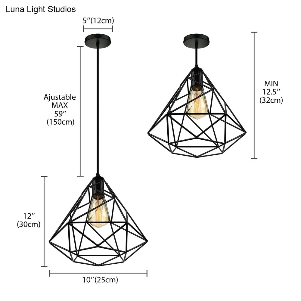 Retro 1-Head Metallic Ceiling Pendant Light For Dining Room - Open Cage Design In Black