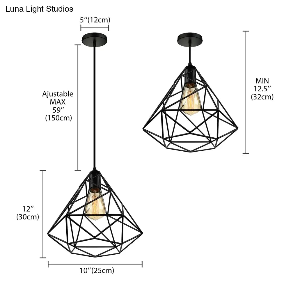 Black Open Cage Metallic Pendant Light For Retro Loft Dining Rooms