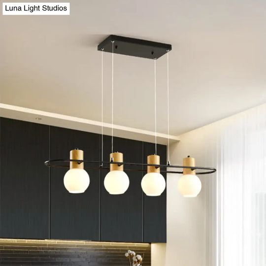 Black Orb Island Pendant Light Modern 3/4-Light Frosted Glass Hanging Lamp Kit With Rectangle Ring