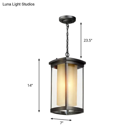 Black Outdoor Pendant Light With Double Glass Shade - Industrial Rectangle Design For Courtyard