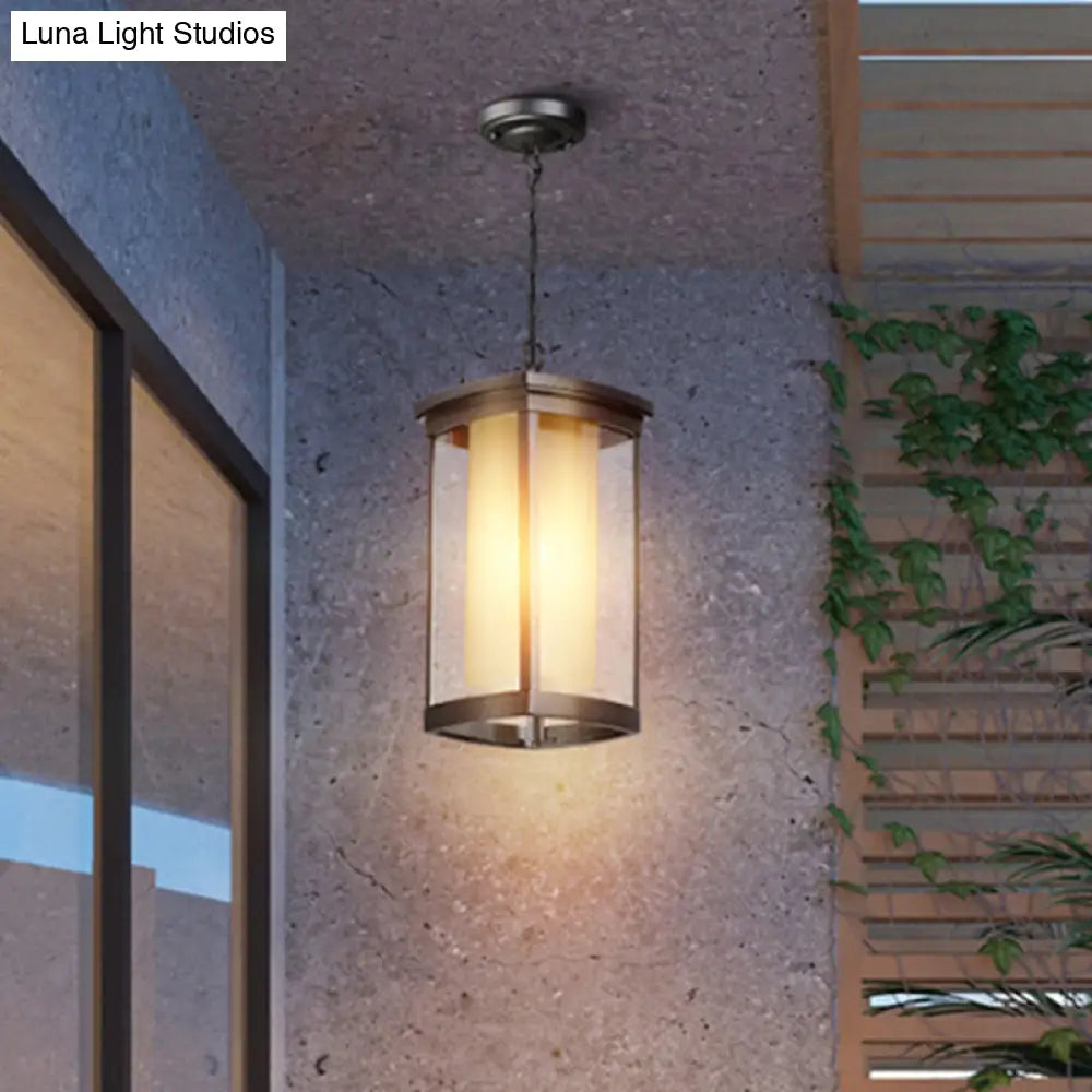 Black Outdoor Pendant Light With Double Glass Shade - Industrial Rectangle Design For Courtyard