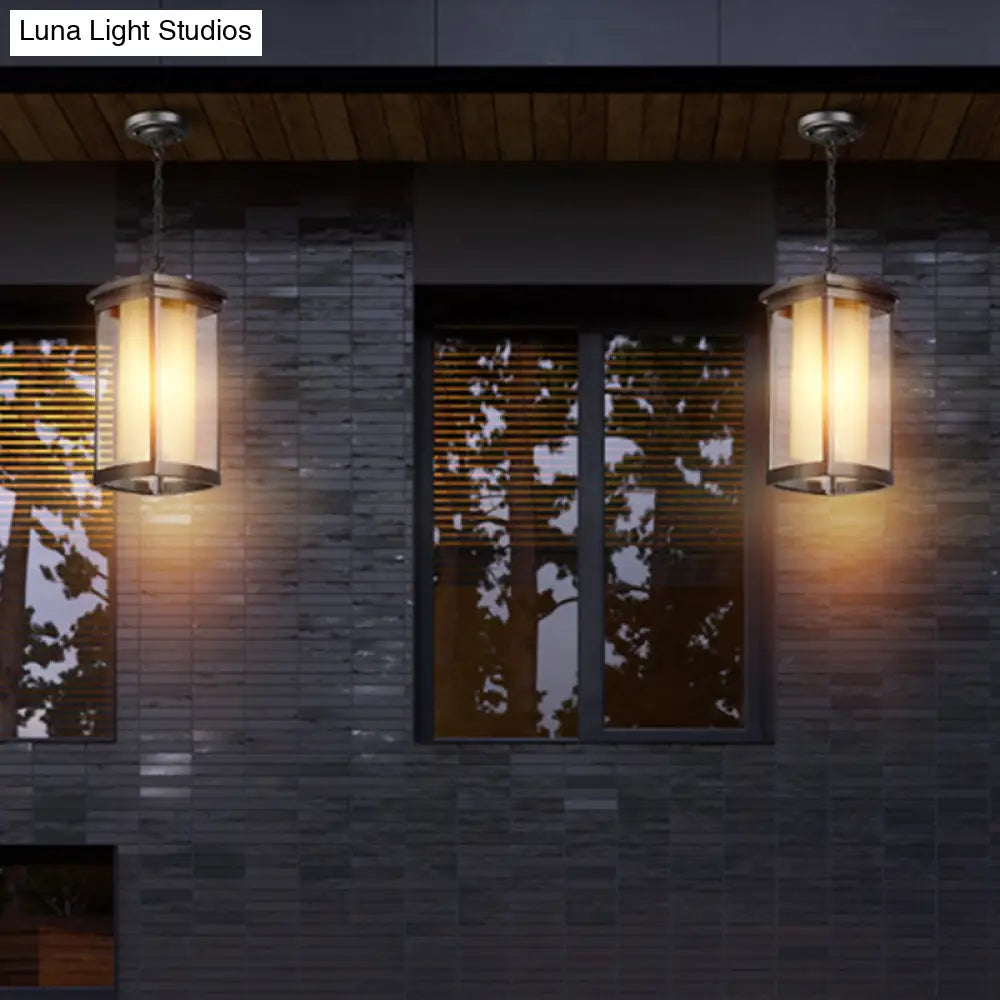 Black Outdoor Pendant Light With Double Glass Shade - Industrial Rectangle Design For Courtyard