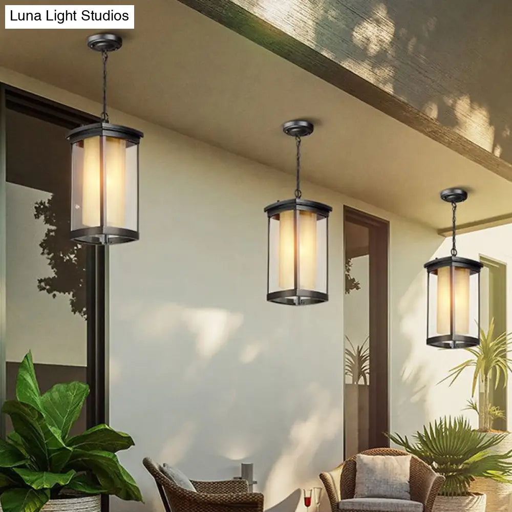 Black Outdoor Pendant Light With Double Glass Shade For Courtyard - 1 Various Widths