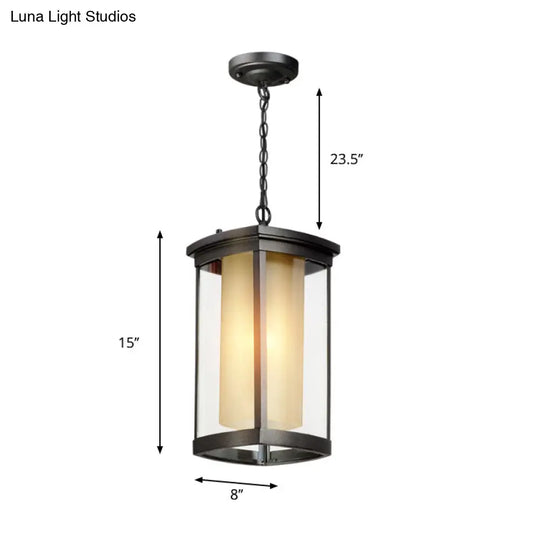 Black Outdoor Pendant Light With Double Glass Shade - Industrial Rectangle Design For Courtyard