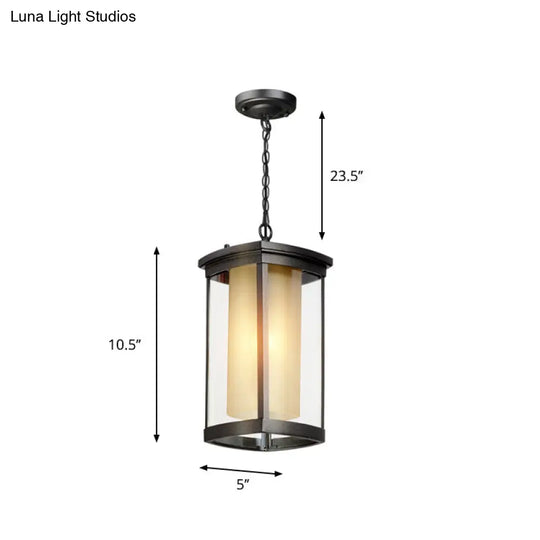 Black Outdoor Pendant Light With Double Glass Shade - Industrial Rectangle Design For Courtyard