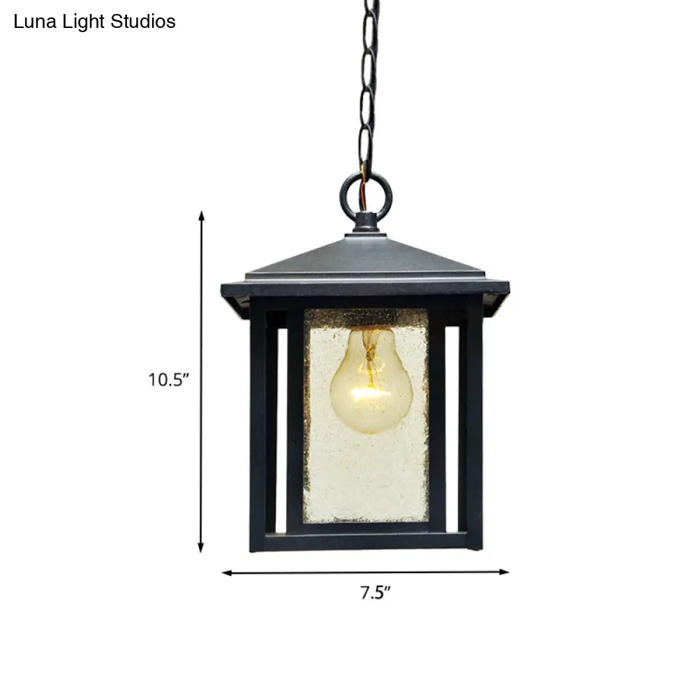 Black Outdoor Retro Pendant Lantern With Clear Seedy Glass - 1-Head Hanging Light Fixture