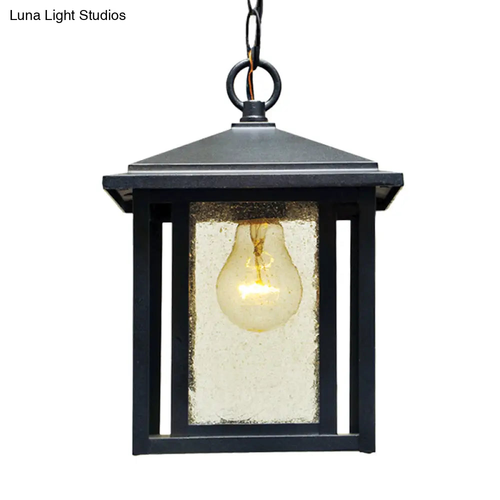 Black Outdoor Retro Pendant Lantern With Clear Seedy Glass - 1-Head Hanging Light Fixture