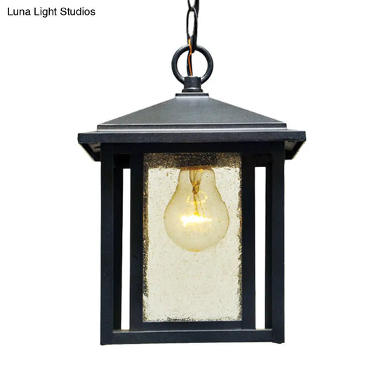 Black Outdoor Retro Pendant Lantern With Clear Seedy Glass - 1-Head Hanging Light Fixture