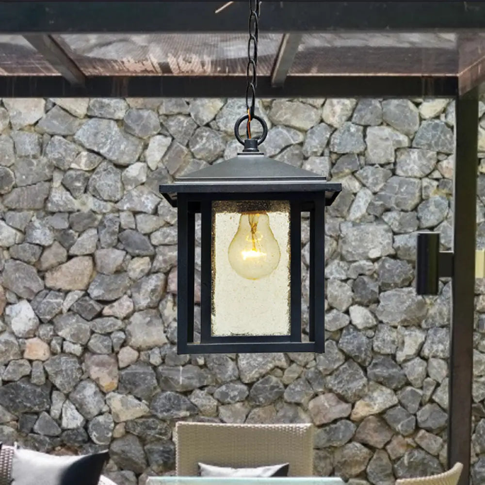 Black Outdoor Retro Pendant Lantern With Clear Seedy Glass - 1-Head Hanging Light Fixture