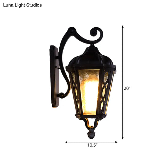 Black Outdoor Wall Mount Lantern Sconce With Clear Water Glass Shade - 1-Head Country Style Lamp