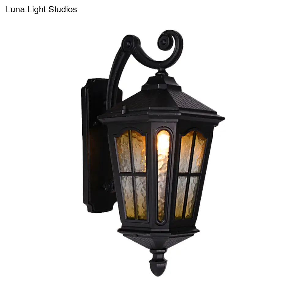 Black Outdoor Wall Mount Lantern Sconce With Clear Water Glass Shade - 1-Head Country Style Lamp