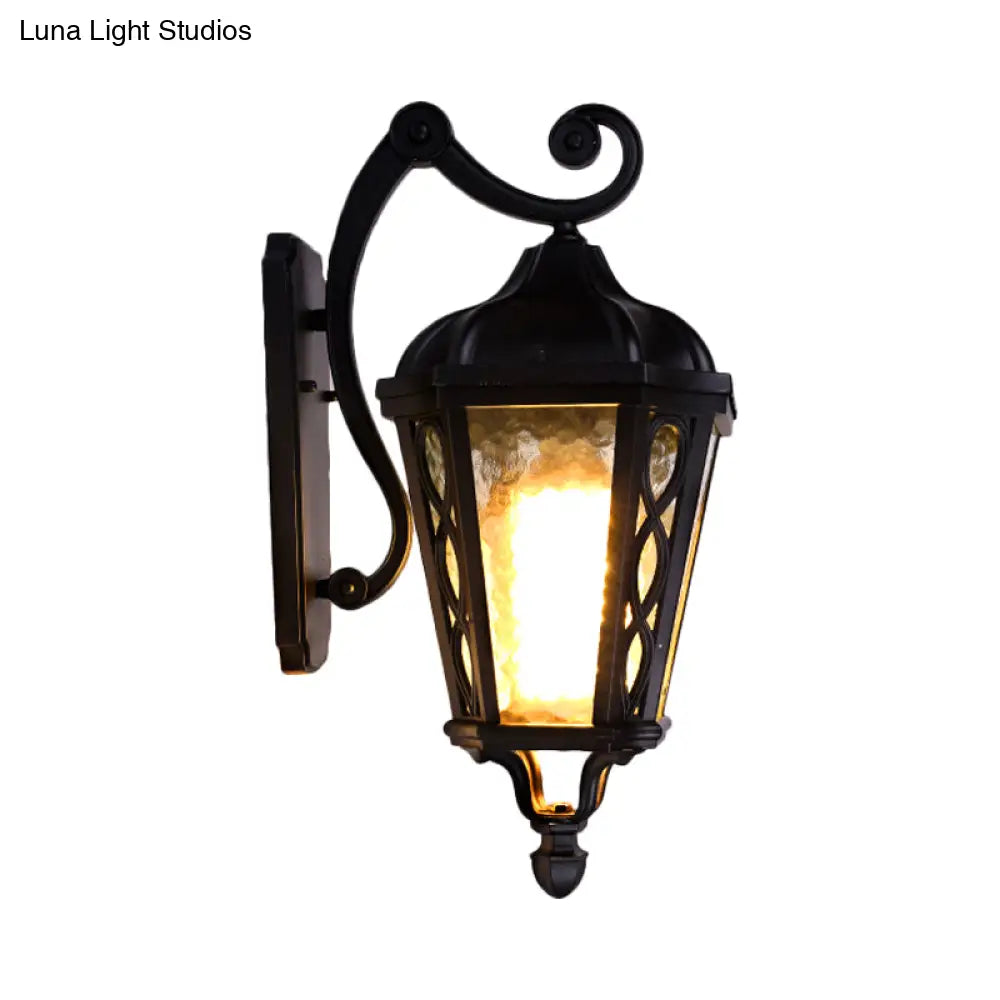 Black Outdoor Wall Mount Lantern Sconce With Clear Water Glass Shade - 1-Head Country Style Lamp