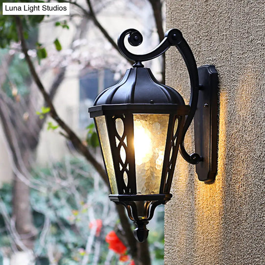 Black Outdoor Wall Mount Lantern Sconce With Clear Water Glass Shade - 1-Head Country Style Lamp