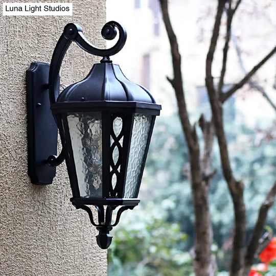 Black Outdoor Wall Mount Lantern Sconce With Clear Water Glass Shade - 1-Head Country Style Lamp