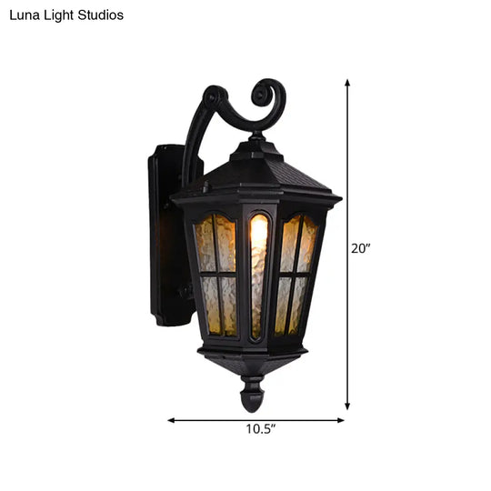 Black Outdoor Wall Mount Lantern Sconce With Clear Water Glass Shade - 1-Head Country Style Lamp