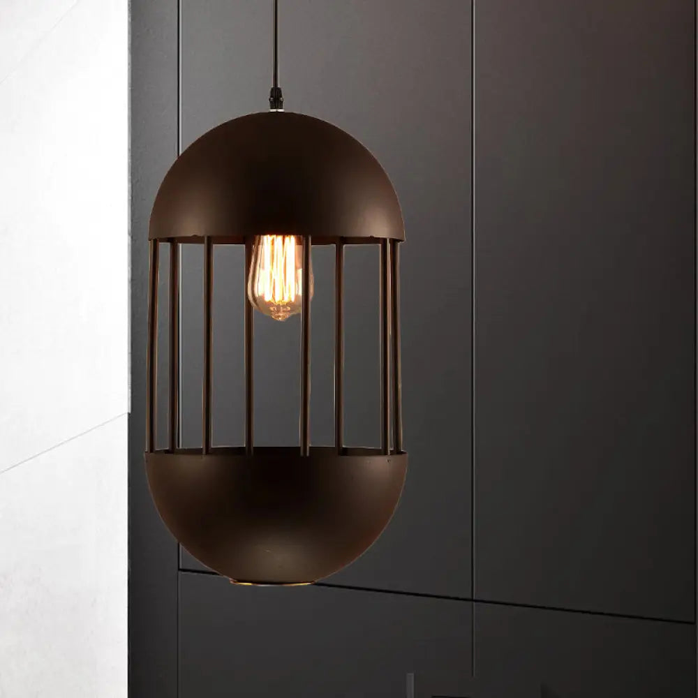 Black Oval Cage Pendant Lamp - Industrial Metal Dining Room Light Kit With 1 Bulb
