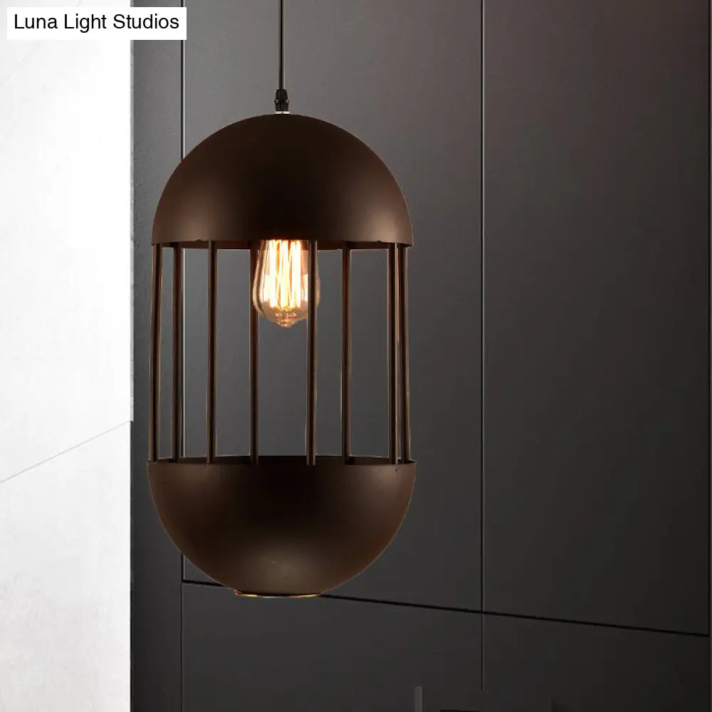 Industrial Metal Black Oval Cage Pendant Lamp With Hanging Light Kit - Ideal For Dining Room And 1