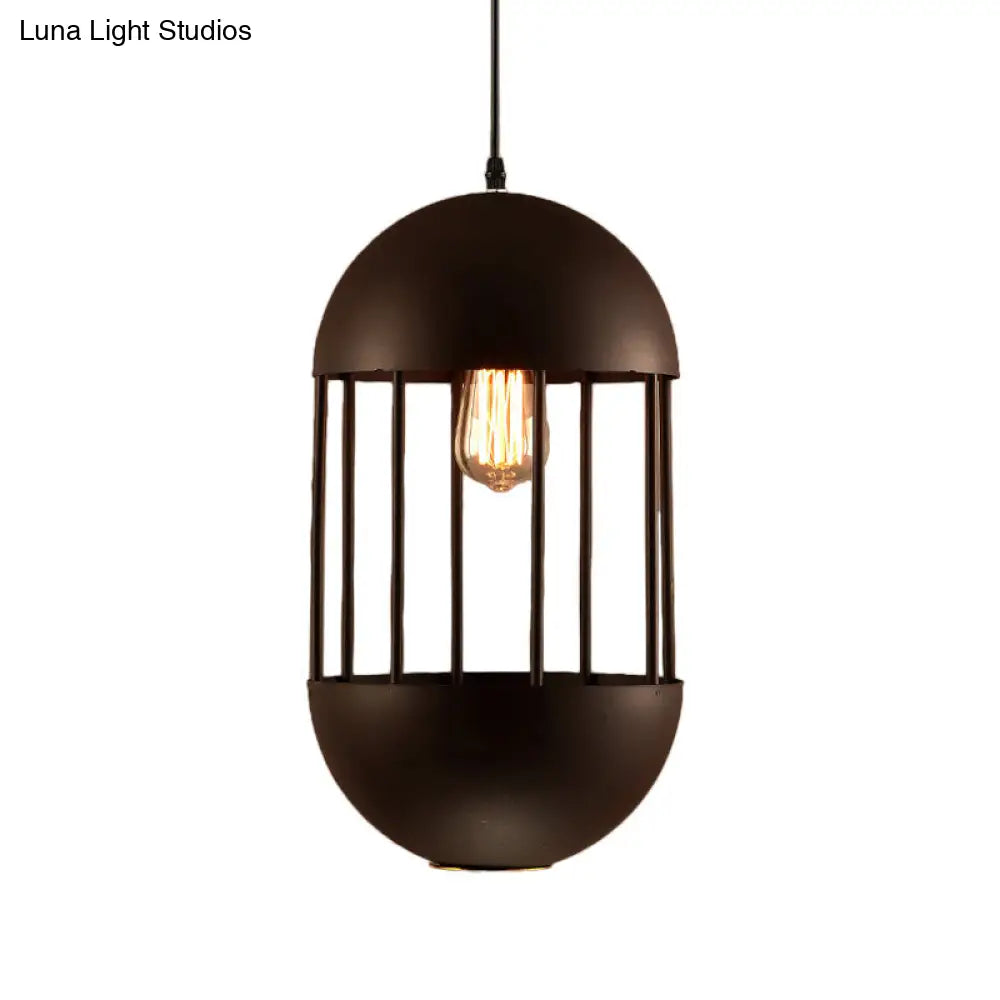 Industrial Metal Black Oval Cage Pendant Lamp With Hanging Light Kit - Ideal For Dining Room And 1