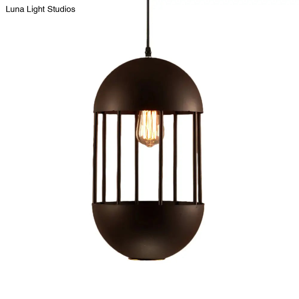 Black Oval Cage Pendant Lamp - Industrial Metal Dining Room Light Kit With 1 Bulb