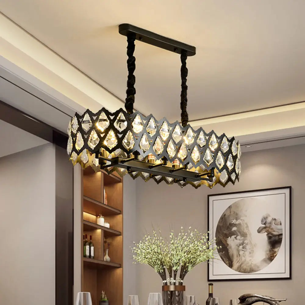 Black Oval Crystal Teardrops Suspension Light - Contemporary Island Pendant With 10/14 Bulbs