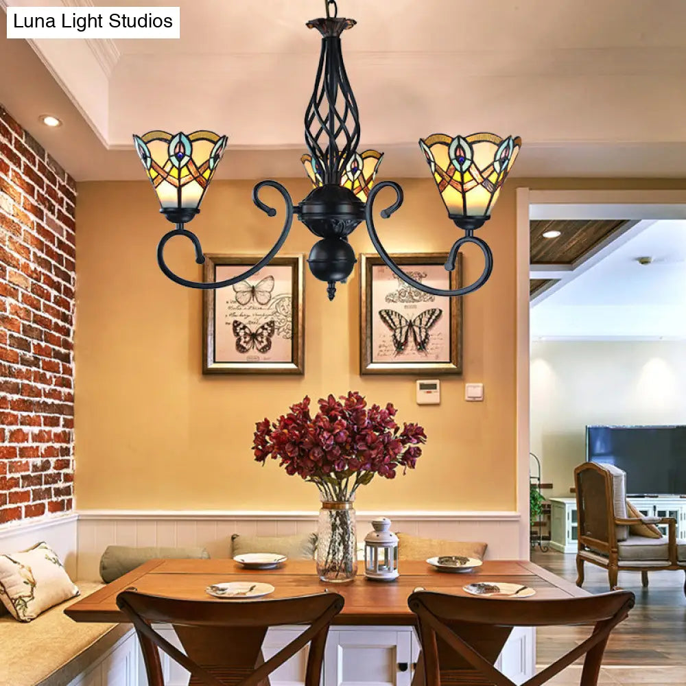 Black Peacock Chandelier With Stained Glass Shades - Rustic Pendant Lamp For Dining Table