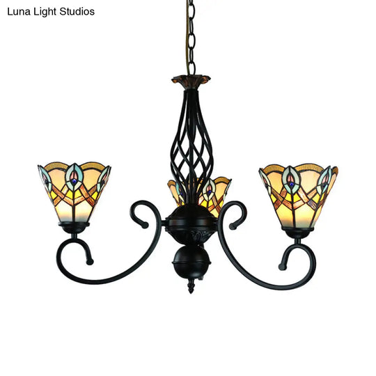 Black Peacock Chandelier With Stained Glass Shades - Rustic Pendant Lamp For Dining Table