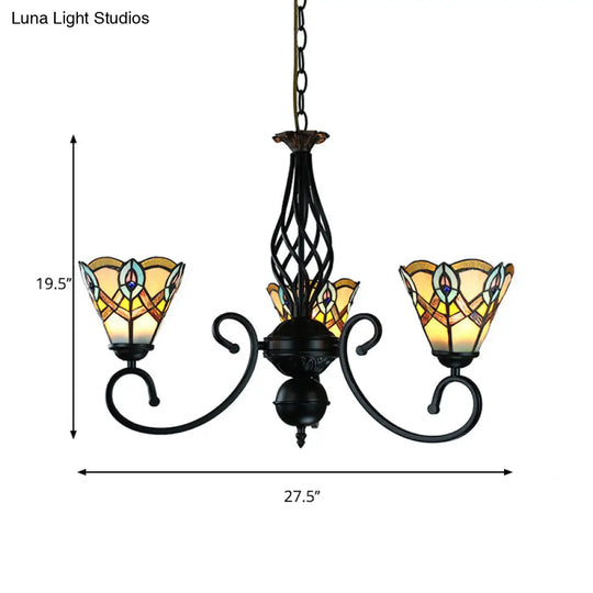 Peacock Chandelier Light - Black Finish Stained Glass Rustic Pendant Lamp 3 Lights