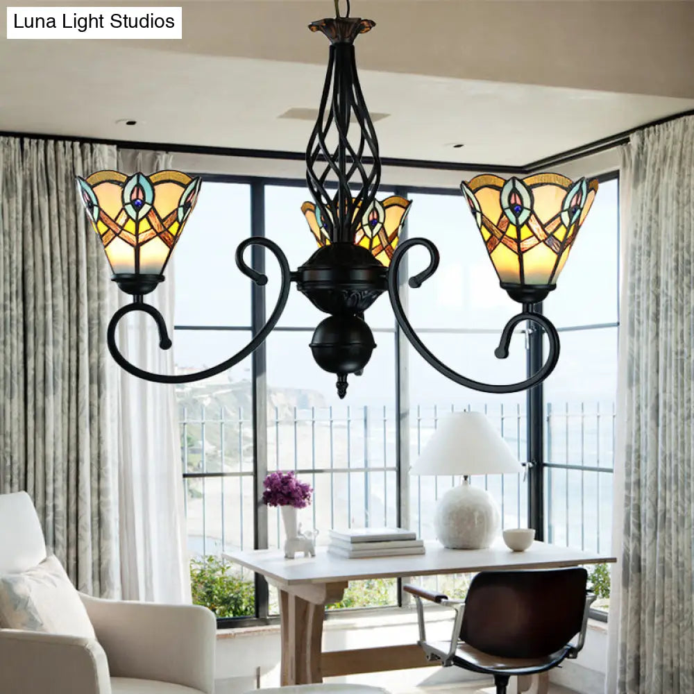 Peacock Chandelier Light - Black Finish Stained Glass Rustic Pendant Lamp 3 Lights Yellow