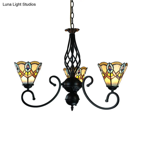 Peacock Chandelier Light - Black Finish Stained Glass Rustic Pendant Lamp 3 Lights