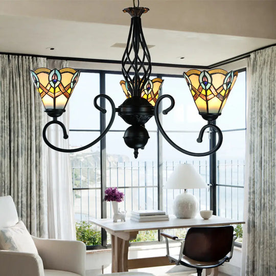 Black Peacock Chandelier With Stained Glass Shades - Rustic Pendant Lamp For Dining Table Yellow